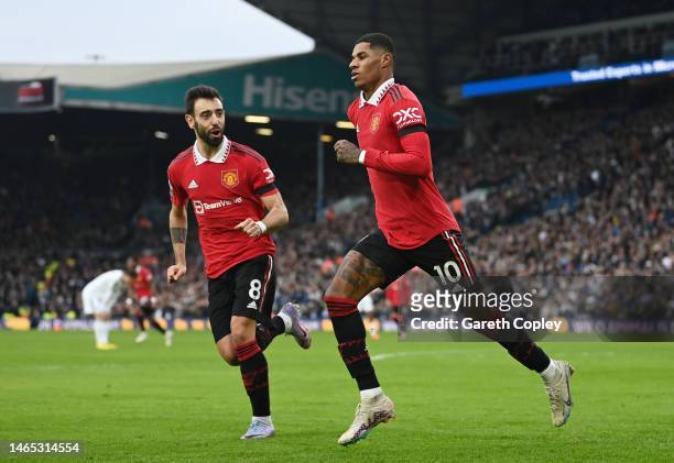 Marcus Rashford of Manchester United celebrates after scoring the team's first goal during the Premier League match between Leeds United and...
