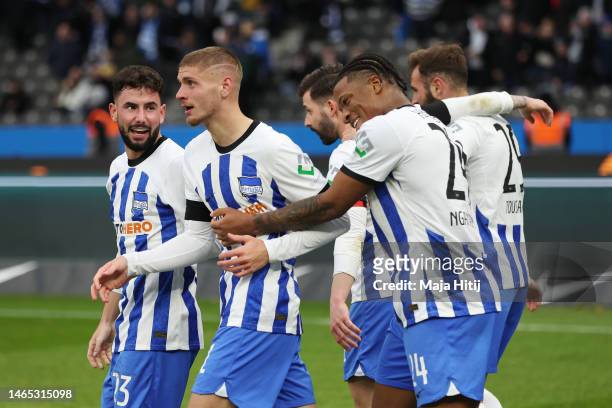 Marton Dardai of Hertha BSC celebrates with teammates after scoring the team's second goal during the Bundesliga match between Hertha BSC and...