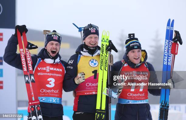 Silver medalist, Sturla Holm Laegreid of Norway, gold medalist, Johannes Thingnes Boe of Norway and bronze medalist, Sebastian Samuelsson of Sweden...