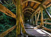 Point of view walk overpass old vintage oak wooden bridge outdoors in summer .300 years old historical landmark explore pov