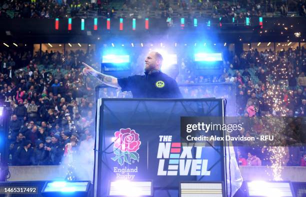 Former England rugby player James Haskell DJ's at half time during the Six Nations Rugby match between England and Italy at Twickenham Stadium on...