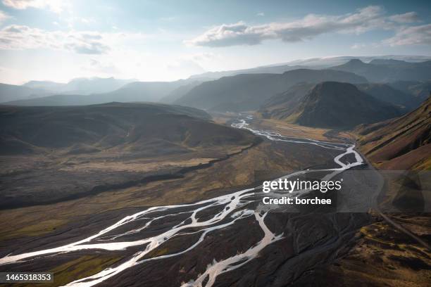 aerial view on landscape around myrdalsjokull - myrdalsjokull glacier stock pictures, royalty-free photos & images