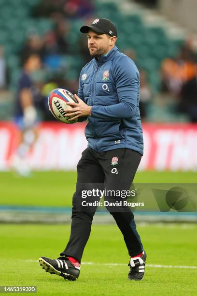 Nick Evans, Attack Coach of England looks on prior to the Six Nations Rugby match between England and Italy at Twickenham Stadium on February 12,...