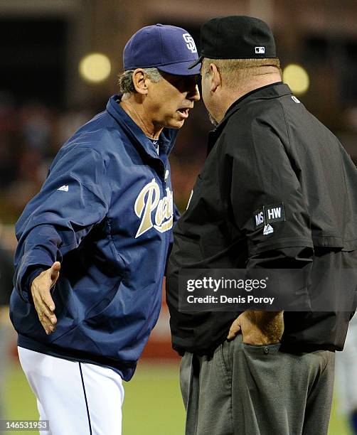 Bud Black manager of the San Diego Padres argues a call with first base umpire Wally Bell during the fifth inning of an interleague baseball game...