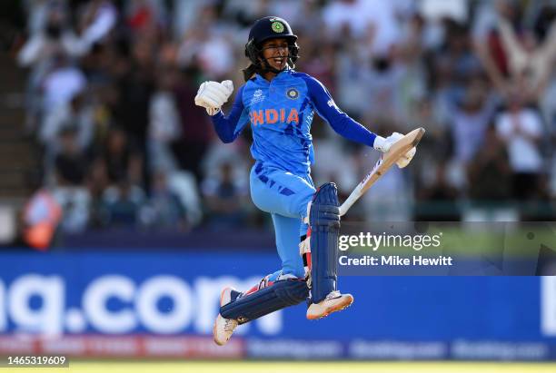 Jemimah Rodrigues of India celebrates their half century after hitting the winning runs following the ICC Women's T20 World Cup group B match between...
