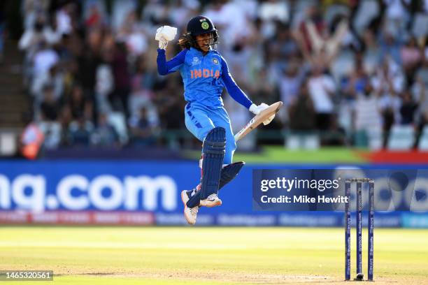 Jemimah Rodrigues of India celebrates their half century after hitting the winning runs following the ICC Women's T20 World Cup group B match between...