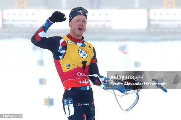 Johannes Thingnes Boe of Norway celebrates after completing the shooting section during the Men 12.5 km Pursuit at the IBU World Championships...