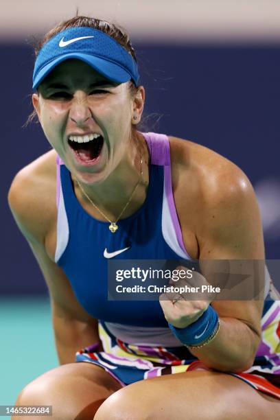 Belinda Bencic of Switzerland celebrates victory against Liudmila Samsonova during her Women's Singles final match on Day 7 of the Mubadala Abu Dhabi...