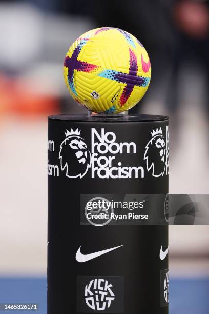 Detailed view of a plinth holding the match ball which reads 'No Room For Racism' prior to the Premier League match between Manchester City and Aston...