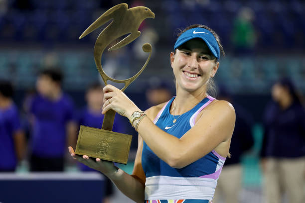 Belinda Bencic of Switzerland poses with the trophy after defeating Liudmila Samsonova during her Women's Singles final match on Day 7 of the...