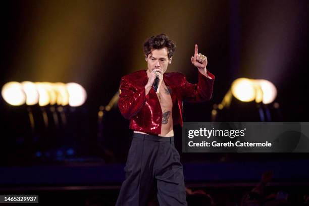 Harry Styles performs on stage during The BRIT Awards 2023 at The O2 Arena on February 11, 2023 in London, England.