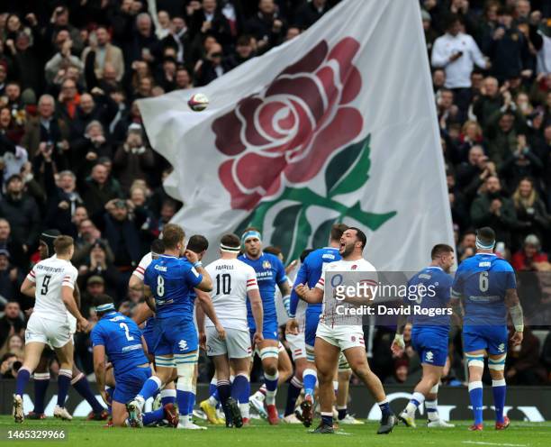 Ellis Genge celebrates the first try scored by Jack Willis of England during the Six Nations Rugby match between England and Italy at Twickenham...