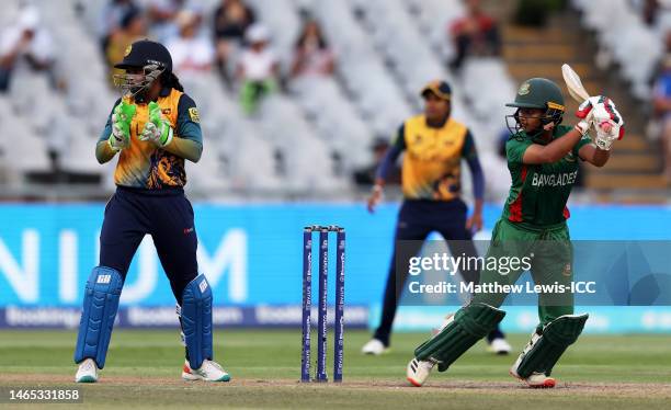 Sobhana Mostary of Bangladesh plays a shot during the ICC Women's T20 World Cup group A match between Bangladesh and Sri Lanka at Newlands Stadium on...