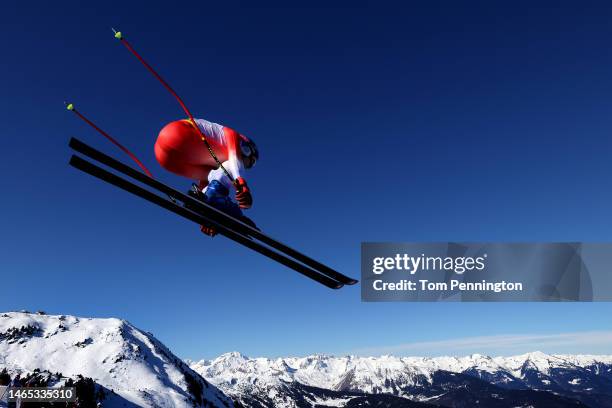 Marco Odermatt of Switzerland competes in Men's Downhill at the FIS Alpine World Ski Championships on February 12, 2023 in Courchevel, France.