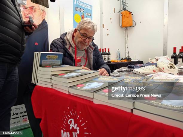 Former drug trafficker Laureano Oubiña signs copies of his book 'Oubiña: Toda la verdad' and sells merchandising of his brand 'Necora', at the Feira...