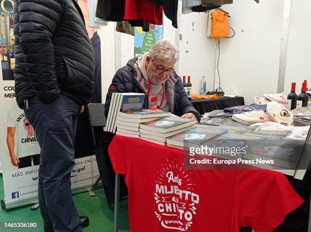 Former drug trafficker Laureano Oubiña signs copies of his book 'Oubiña: Toda la verdad' and sells merchandising of his brand 'Necora', at the Feira...