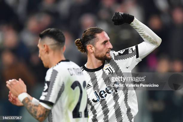 Adrien Rabiot of Juventus celebrates after scoring the team's first goal during the Serie A match between Juventus and ACF Fiorentina at on February...