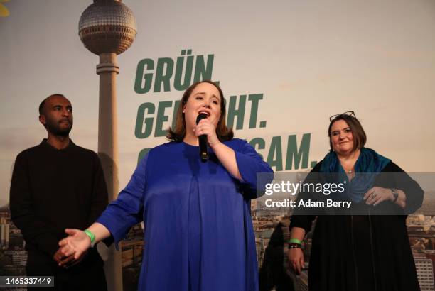 German Green Party Co-Leader Ricarda Lang speaks after her party received 18% of the vote in preliminary exit polls following the closing of polling...