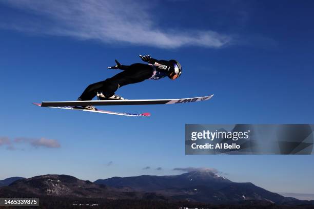 Of Japan jumps during the Men's Large Hill competition on Day 3 of the Viessmann FIS Ski Jumping World Cup at Lake Placid Olympic Jumping Complex on...