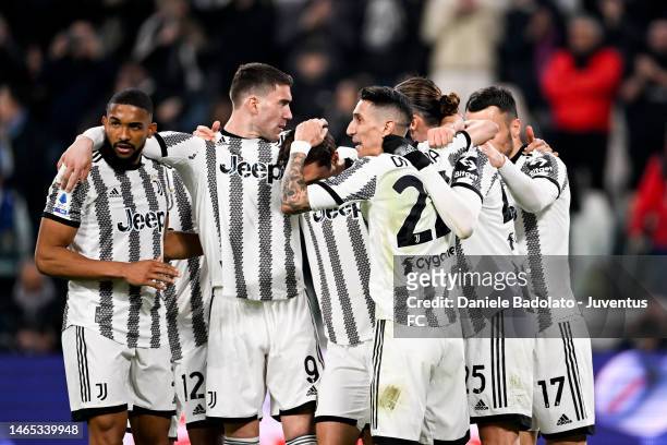 Adrien Rabiot of Juventus celebrates with teammates after scoring his team's first goal during the Serie A match between Juventus and ACF Fiorentina...