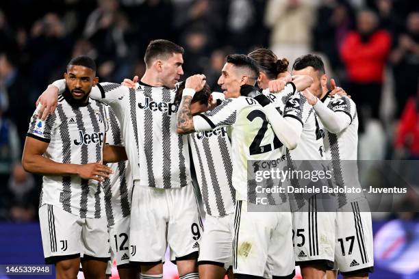 Adrien Rabiot of Juventus celebrates with teammates after scoring his team's first goal during the Serie A match between Juventus and ACF Fiorentina...