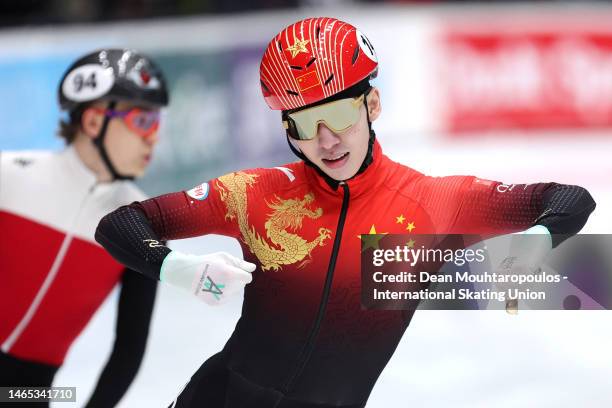 Xiaojun Lin of China competes and wins the gold medal in the Mens 500m Final during the ISU World Cup Short Track at Optisport Schaatsbaan on...