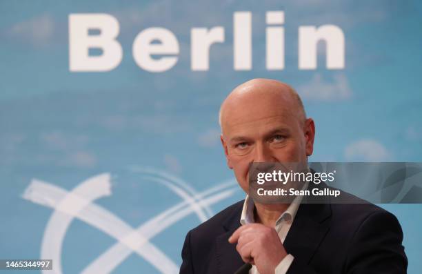 Kai Wegner, lead candidate of the German Christian Democrats in Berlin state elections, prepares for a television interview following initial...