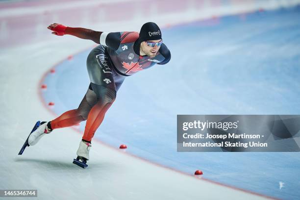 Laurent Dubreuil of Canada competes in the Men's 1000m during the ISU World Cup Speed Skating at Arena Lodowa on February 12, 2023 in Tomaszow...