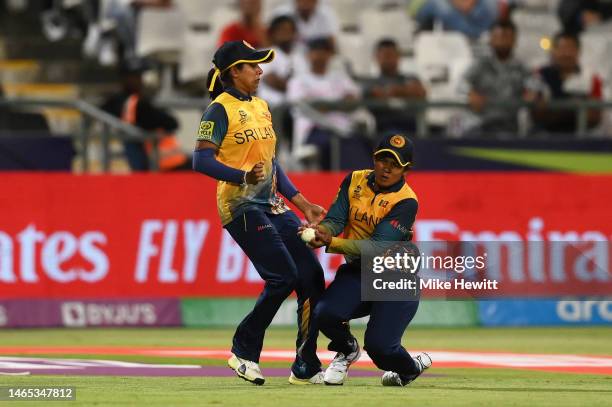 Oshadi Ranasinghe of Sri Lanka takes a catch to dismiss Nahida Akter of Bangladesh as Inoka Ranaweera of Sri Lanka looks on during the ICC Women's...