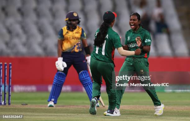Marufa Akter of Bangladesh celebrates the wicket of Anushka Sanjeewani of Sri Lanka during the ICC Women's T20 World Cup group A match between...