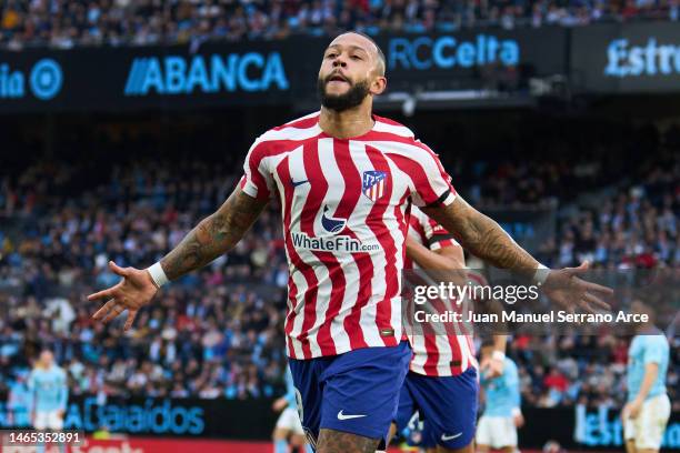 Memphis Depay of Club Atletico de Madrid celebrates after scoring goal during the LaLiga Santander match between RC Celta and Atletico de Madrid at...