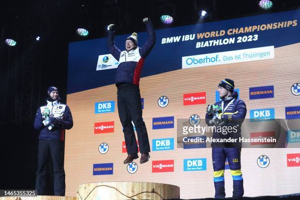 Johannes Thingnes Boe of Norway celebrates winning the Gold medal during the Medal Ceremony for the Men 12.5 km Pursuit at the IBU World...