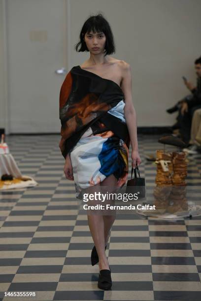Model walks the runway at the Puppets and Puppets show during New York Fashion Week: The Shows at 1 Centre Street on February 12, 2023 in New York...
