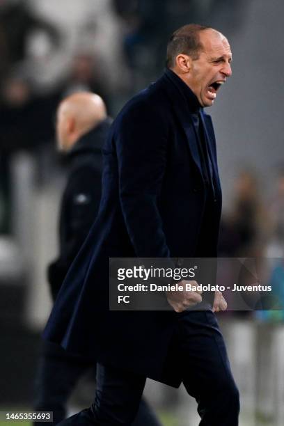 Head coach of Juventus Massimiliano Allegri celebrates after a goal was disallowed for ACF Fiorentina during the Serie A match between Juventus and...