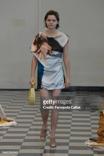 Model walks the runway at the Puppets and Puppets show during New York Fashion Week: The Shows at 1 Centre Street on February 12, 2023 in New York...