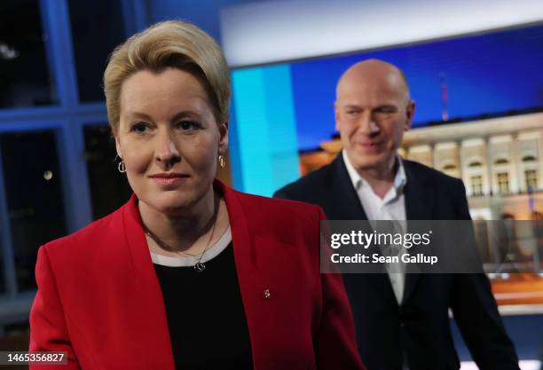 Franziska Giffey , Social Democrat and Governing Mayor of Berlin, and Kai Wegner, lead candidate of the German Christian Democrats , attend...