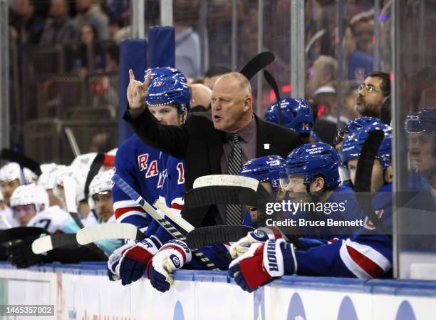 Head coach Gerard Gallant of the New York Rangers yells at a referee during the third period of the game against the Seattle Kraken at Madison Square...