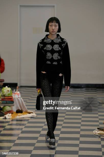 Model walks the runway at the Puppets and Puppets show during New York Fashion Week: The Shows at 1 Centre Street on February 12, 2023 in New York...