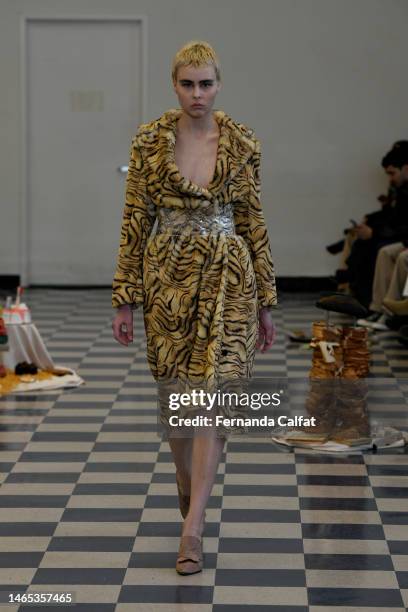 Model walks the runway at the Puppets and Puppets show during New York Fashion Week: The Shows at 1 Centre Street on February 12, 2023 in New York...