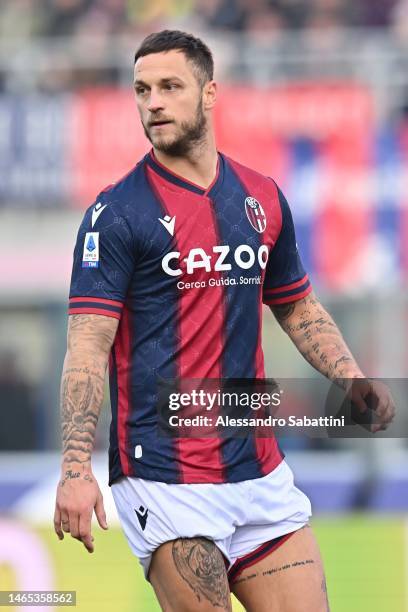 Marko Arnautovic of Bologna FC looks on during the Serie A match between Bologna FC and AC Monza at Stadio Renato Dall'Ara on February 12, 2023 in...