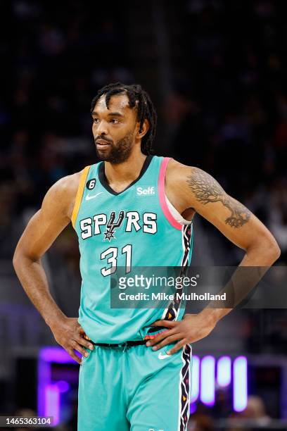 Keita Bates-Diop of the San Antonio Spurs looks on during the second half of a game against the Detroit Pistons at Little Caesars Arena on February...