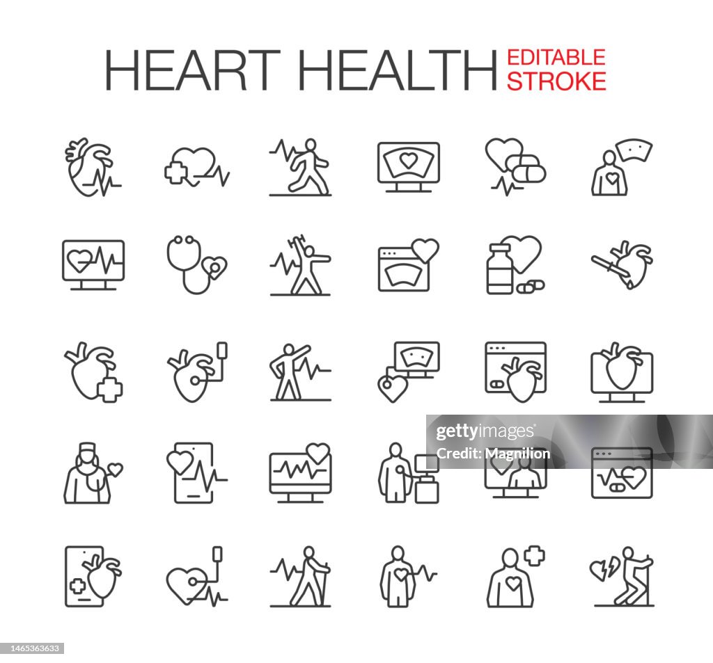 Cardiology, Heart Health Line Icons Set Editable Stroke