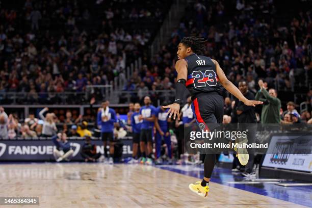 Jaden Ivey of the Detroit Pistons reacts after a basket in the second half of a game against the San Antonio Spurs at Little Caesars Arena on...