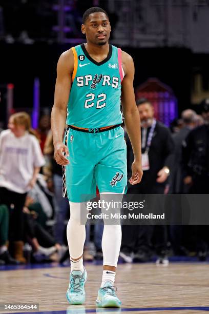 Malaki Branham of the San Antonio Spurs walks the court during overtime of a game against the Detroit Pistons at Little Caesars Arena on February 10,...