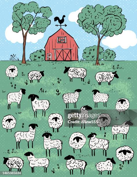 nette cartoon schaffarm - schäferei stock-grafiken, -clipart, -cartoons und -symbole