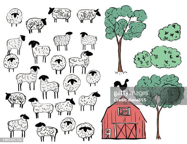 niedliche cartoon-schaffarm-elemente auf einem transparenten hintergrund - schäferei stock-grafiken, -clipart, -cartoons und -symbole