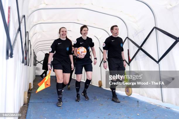 Referee , Stacey Fullicks and Assistant's Amy Purser and Aaron Ford take to the field for the second half during the Barclays FA Women's Championship...