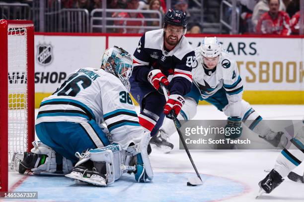 Evgeny Kuznetsov of the Washington Capitals scores a goal against Kaapo Kahkonen of the San Jose Sharks during the second period of the game at...