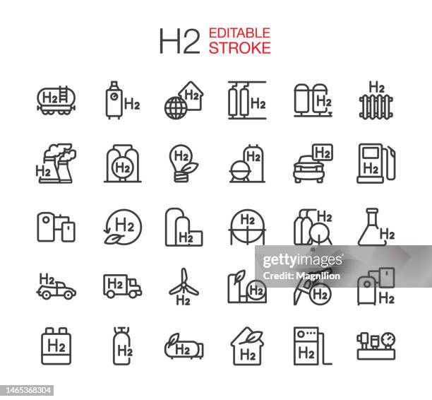 ilustrações de stock, clip art, desenhos animados e ícones de h2, hydrogen line icons set editable stroke - fuel station