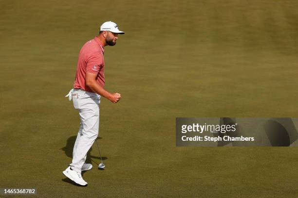 Jon Rahm of Spain reacts to his putt on the sixth green during the final round of the WM Phoenix Open at TPC Scottsdale on February 12, 2023 in...